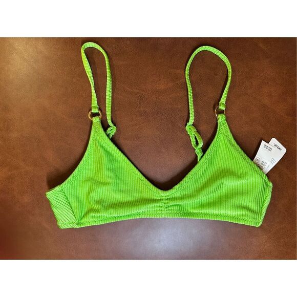 Aerie Offline Green Ribbed Shine Gold Ring Halter Bikini Top Size XS New - Picture 4 of 6